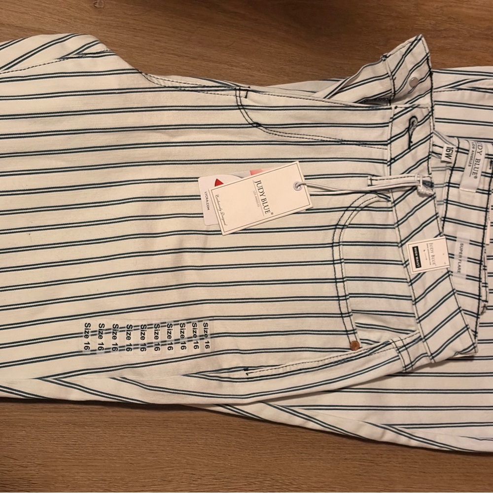 Judy Blue White Super Flare Jeans with Navy Stripes
